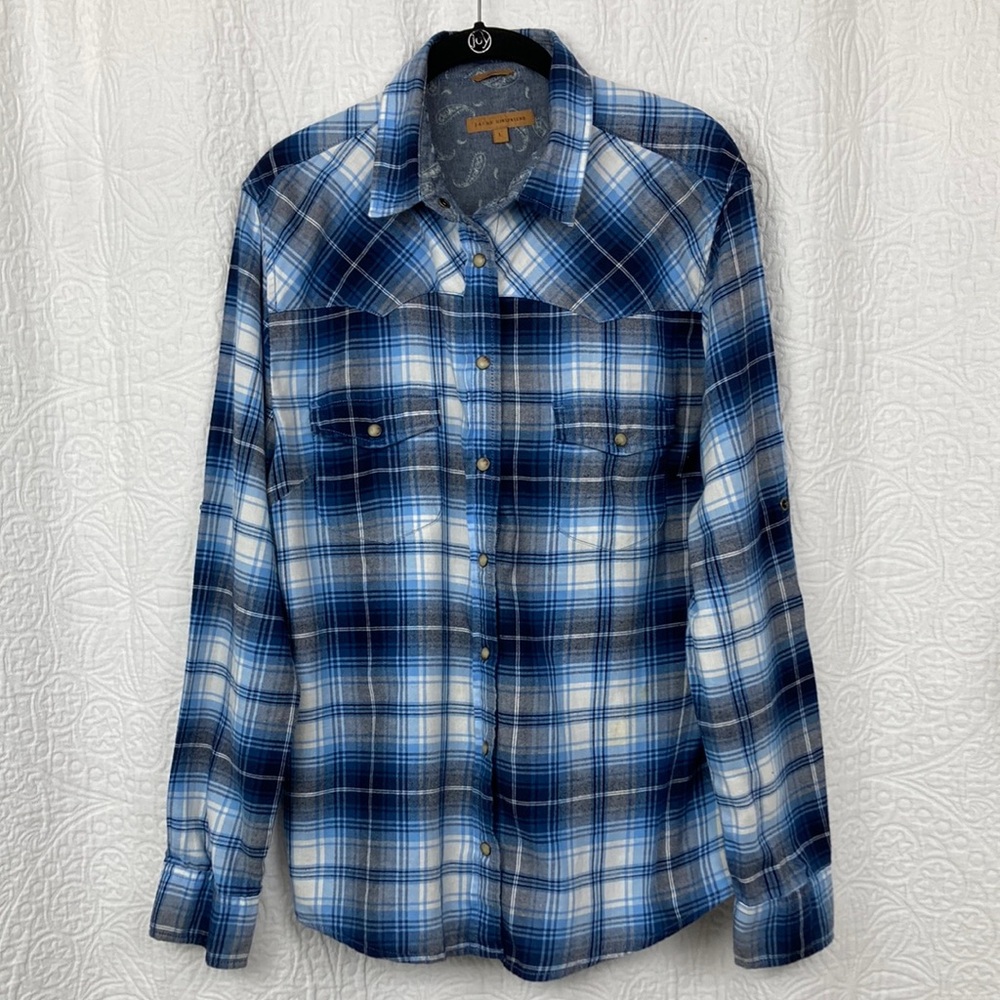Jach’s Girlfriend Pearl Snap Blue Plaid Flannel Shirt sz Large